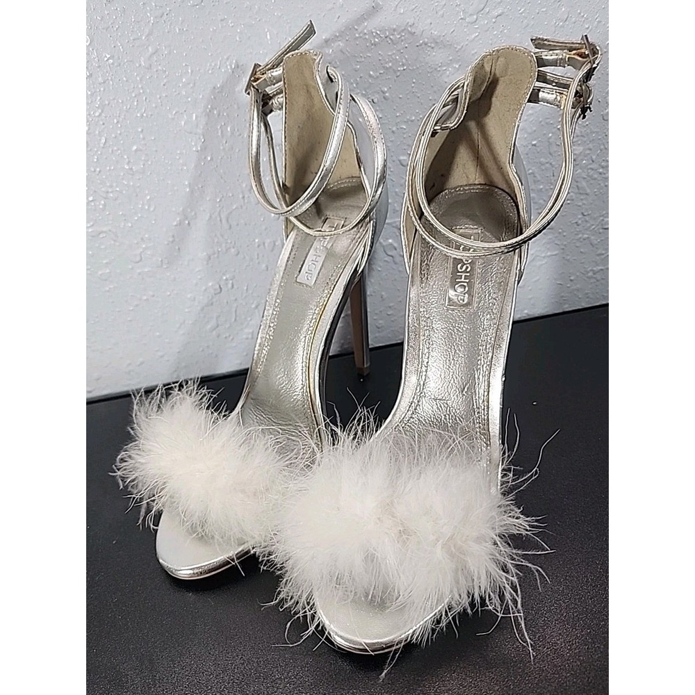 Topshop Fluffy Silver Stiletto 5" Heels Ankle Strap Cocktail Party‎ US Sz 9.5